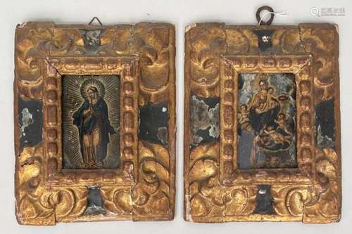 Pair Continental Glass Transfer Painted Icons