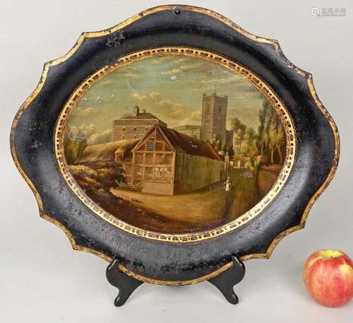 Early Parcel Gilt Landscape Painted Toleware Tray