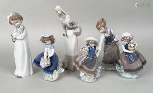 Group Six Porcelain Figures, Five Lladro, One Nao