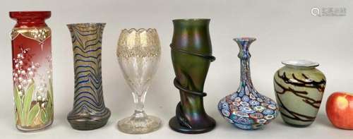 Diverse Group Five Art Glass Vases, One Decanter