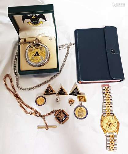 GROUPING OF VINTAGE MASONIC JEWELRY, WATCH