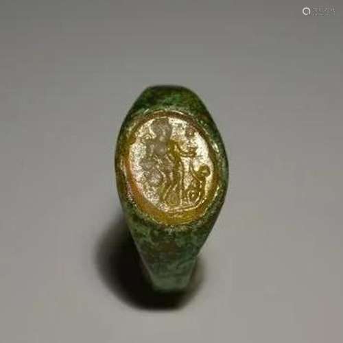 Ancient Roman Bronze Ring With Glass Intaglio