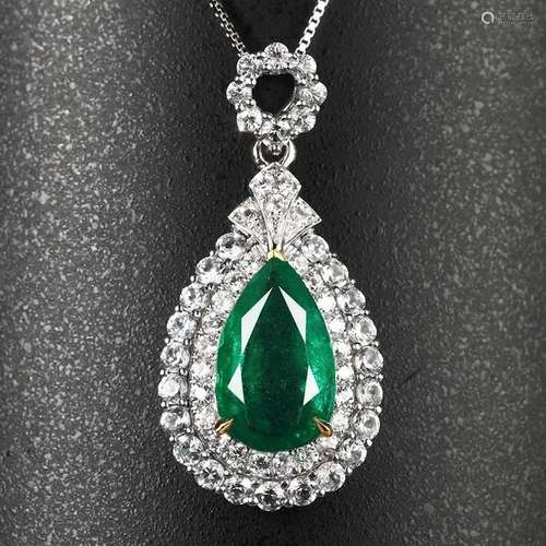 14K WHITE GOLD 4.08 CTW VIVID GREEN NATURAL EMERALD & NA...