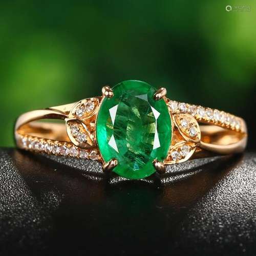 14K ROSE GOLD 1.08 CTW VIVID GREEN NATURAL EMERALD & DIA...