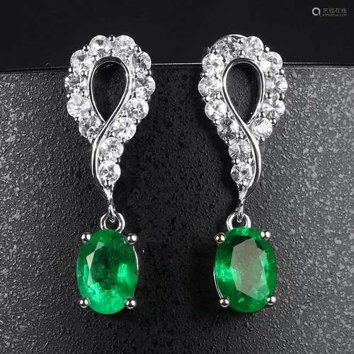 14K WHITE GOLD 2.3 CTW VIVID GREEN NATURAL EMERALD & NAT...