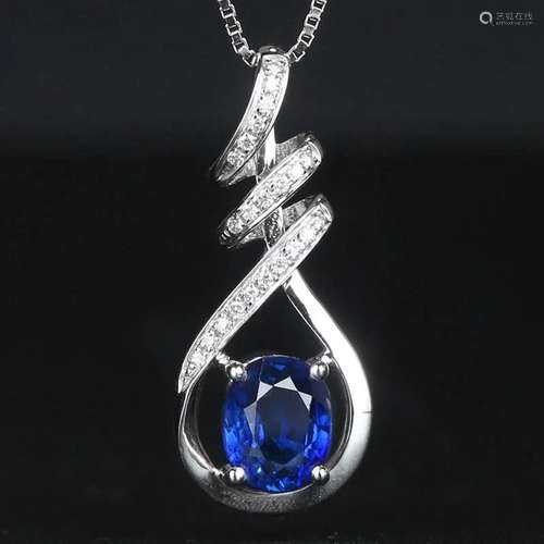 14K WHITE GOLD 0.98 CTW NATURAL SAPPHIRE & DIAMOND PENDA...