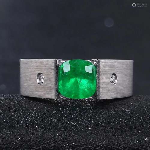 14K WHITE GOLD 1.32 CTW VIVID GREEN NATURAL EMERALD & DI...