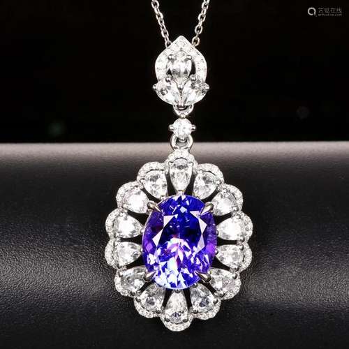 14K WHITE GOLD 4.11 CTW VIVID BLUE NATURAL TANZANITE & D...