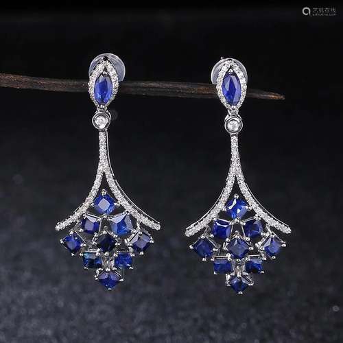 14K WHITE GOLD 3.38 CT VIVID BLUE NATURAL SAPPHIRE & DIA...