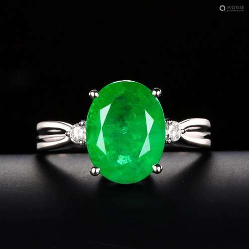 14K WHITE GOLD 3.17 CTW VIVID GREEN NATURAL EMERALD & DI...