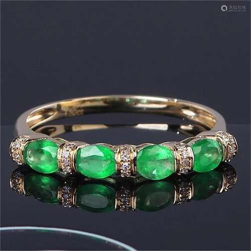 14K YELLOW GOLD 1.32 CT VIVID GREEN NATURAL EMERALD & DI...