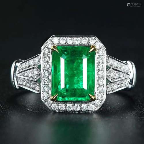 14K WHITE GOLD 1.91 CTW VIVID GREEN NATURAL EMERALD & DI...