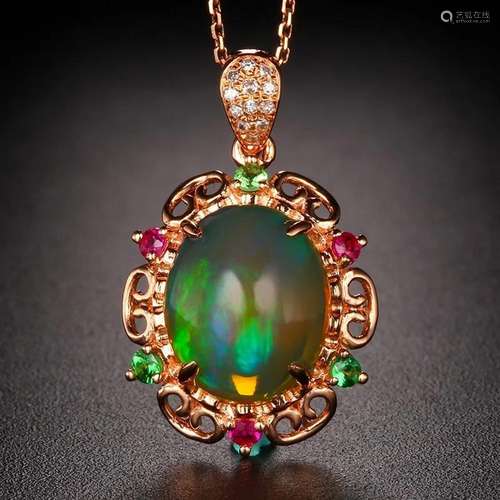 14K ROSE GOLD 3.20 CTW NATURAL OPAL & DIAMOND PENDANT