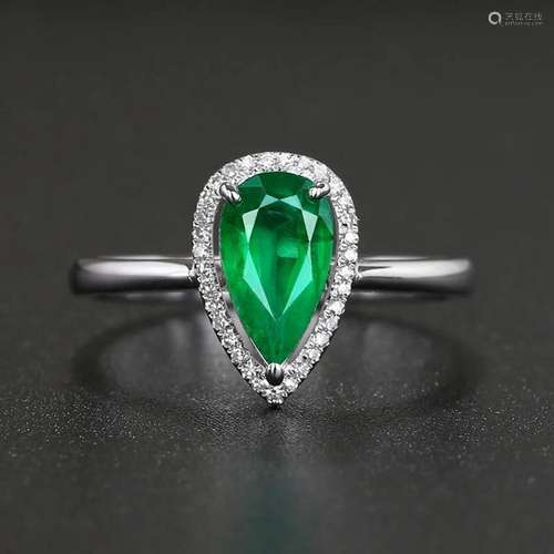 14K WHITE GOLD 0.98 CTW VIVID GREEN NATURAL EMERALD & DI...