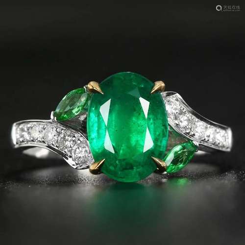 14K WHITE GOLD 2.03 CTW VIVID GREEN NATURAL EMERALD & DI...