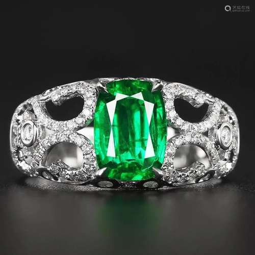 14K WHITE GOLD 1.53 CTW VIVID GREEN NATURAL EMERALD & DI...