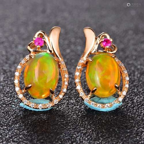 14K ROSE GOLD 2.35 CTW NATURAL OPAL & DIAMOND EARRINGS