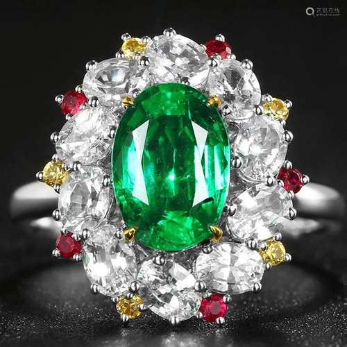 14K WHITE GOLD 4.20 CTW VIVID GREEN NATURAL EMERALD & NA...