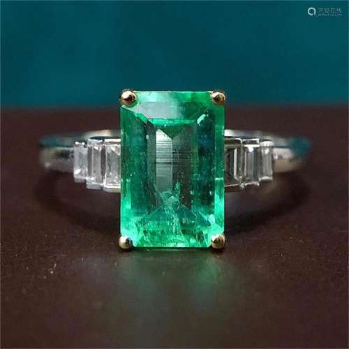 14K WHITE GOLD 1.87 CTW VIVID GREEN NATURAL EMERALD & DI...