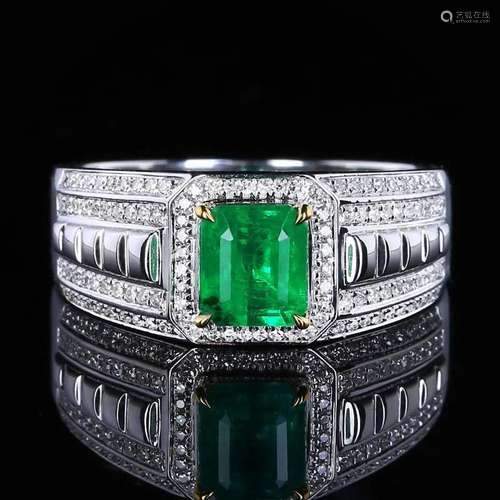 14K WHITE GOLD 1.85 CTW VIVID GREEN NATURAL EMERALD & DI...