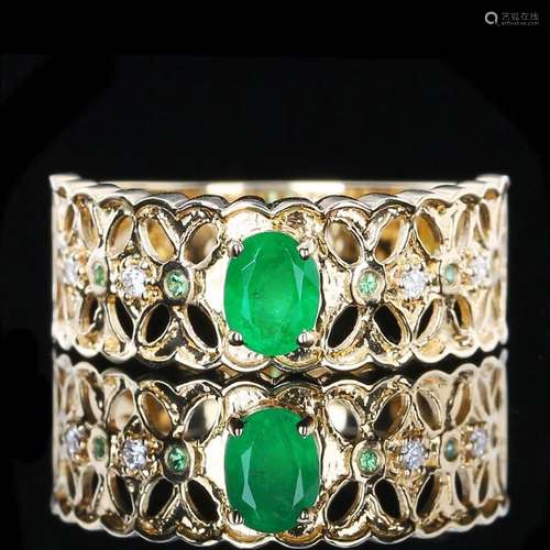 14K YELLOW GOLD 0.50 CTW VIVID GREEN NATURAL EMERALD & D...