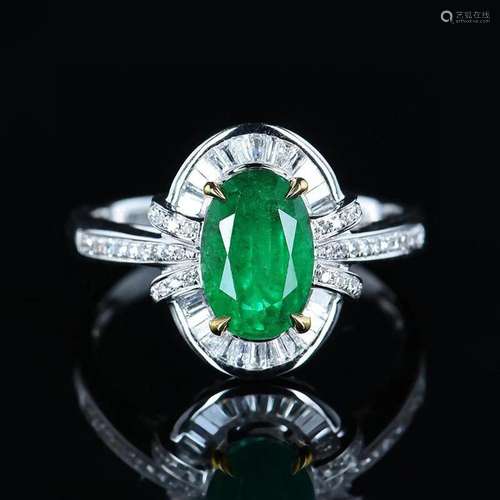 14K WHITE GOLD 2.07 CTW VIVID GREEN NATURAL EMERALD & DI...