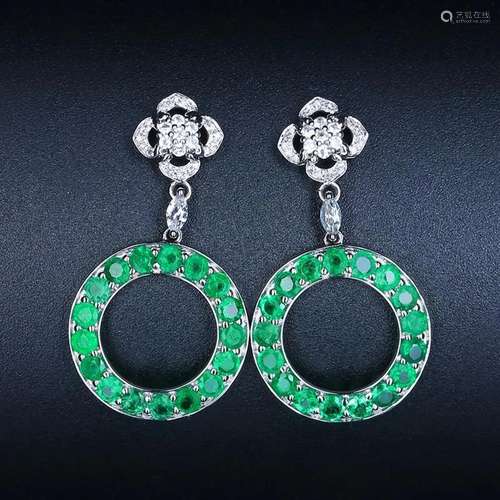 14K WHITE GOLD 2.43 CTW VIVID GREEN NATURAL EMERALD & DI...