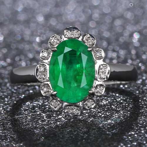 14K WHITE GOLD 1.36 CT VIVID GREEN NATURAL EMERALD & DIA...