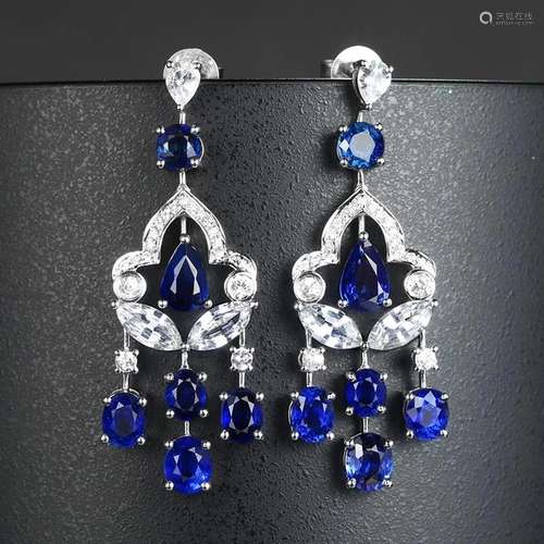 14K WHITE GOLD 3.95 CTW NATURAL SAPPHIRE & DIAMOND EARRI...