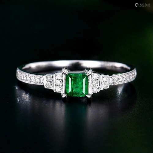 14K WHITE GOLD 0.37 CTW VIVID GREEN NATURAL EMERALD & DI...