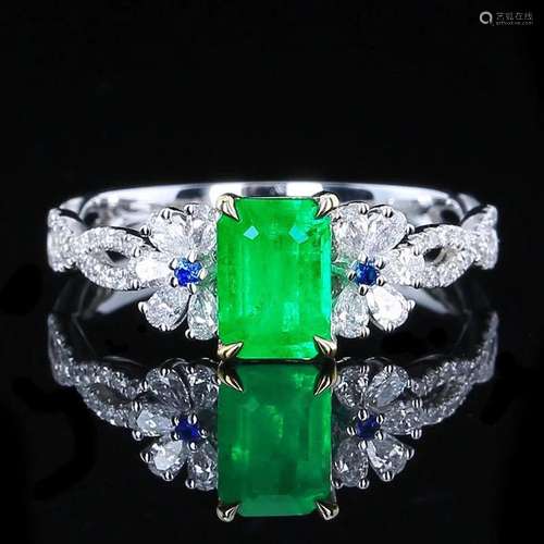 14K WHITE GOLD 1.22 CTW VIVID GREEN NATURAL EMERALD & DI...