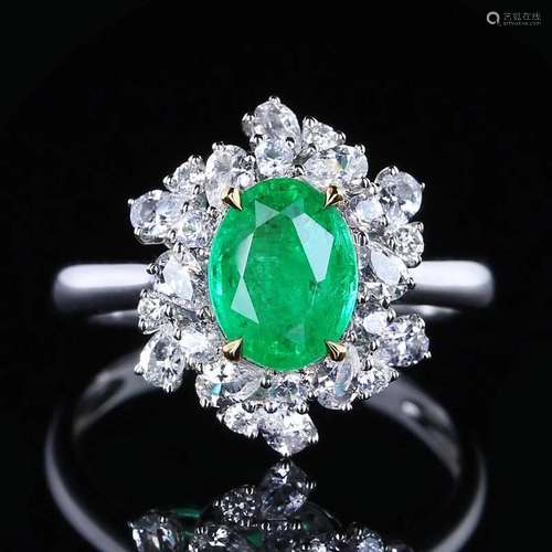 14K WHITE GOLD 1.44 CT VIVID GREEN NATURAL EMERALD & NAT...