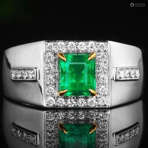 14K WHITE GOLD 1.74 CTW VIVID GREEN NATURAL EMERALD & DI...