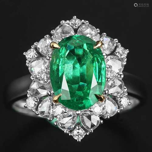 14K WHITE GOLD 2.77 CTW VIVID GREEN NATURAL EMERALD & DI...