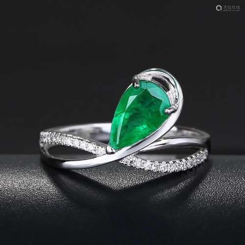 14K WHITE GOLD 1.25 CTW VIVID GREEN NATURAL EMERALD & DI...