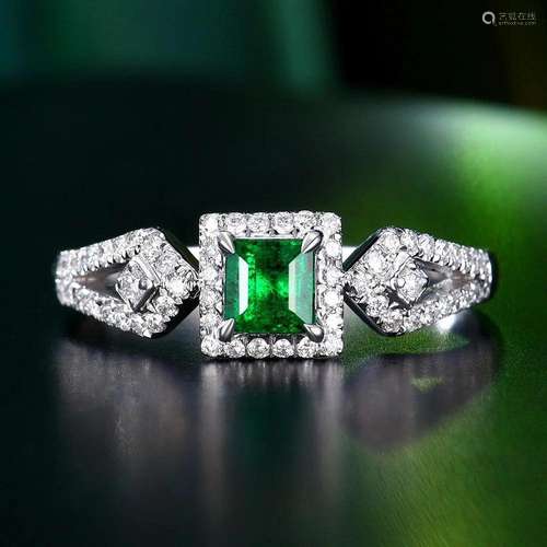 14K WHITE GOLD 0.62 CTW VIVID GREEN NATURAL EMERALD & DI...