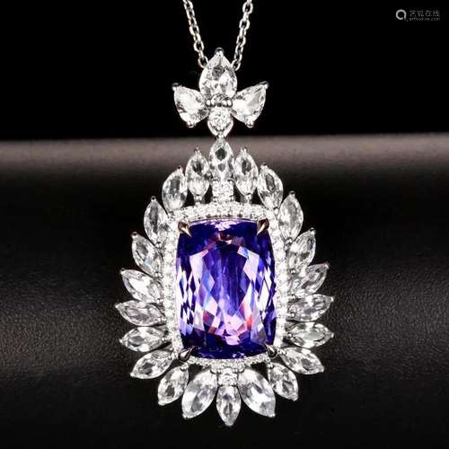 14K WHITE GOLD 6.14 CTW NATURAL TANZANITE & DIAMOND PEND...