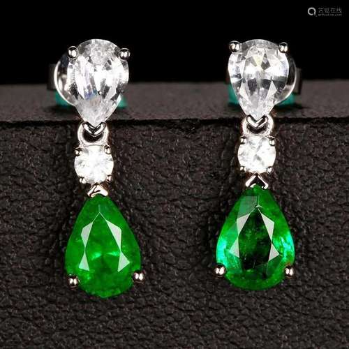 14K WHITE GOLD 1.15 CT VIVID GREEN NATURAL EMERALD & NAT...