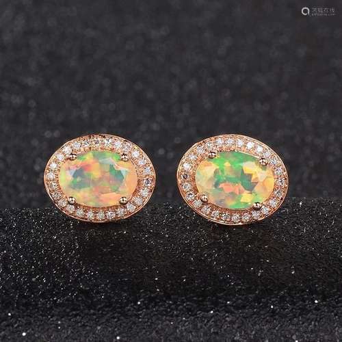 14K ROSE GOLD 1.25 CT NATURAL OPAL & DIAMOND EARRINGS