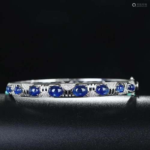 14K WHITE GOLD 7.69 CTW NATURAL SAPPHIRE & DIAMOND BANGL...