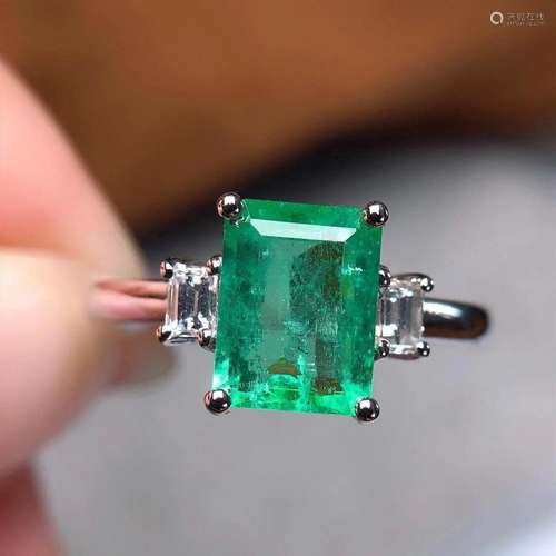 14K WHITE GOLD 1.41 CTW VIVID GREEN NATURAL EMERALD & DI...