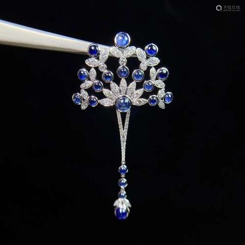 14K WHITE GOLD 2.92 CTW NATURAL SAPPHIRE & DIAMOND BROOC...