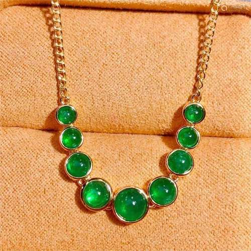 14K YELLOW GOLD 4.39 CT VIVID GREEN NATURAL EMERALD NECKLACE