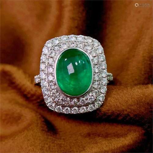 14K WHITE GOLD 3.7 CTW VIVID GREEN NATURAL EMERALD & DIA...