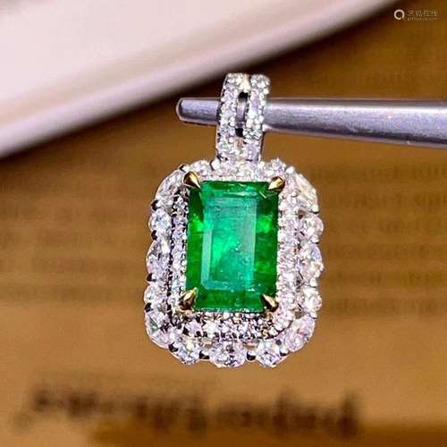 14K WHITE GOLD 1.49 CTW NATURAL EMERALD & DIAMOND PENDAN...