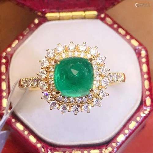 14K YELLOW GOLD 1.35 CT VIVID GREEN NATURAL EMERALD & DI...