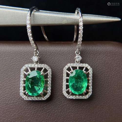 14K WHITE GOLD 2.44 CTW VIVID GREEN NATURAL EMERALD & DI...