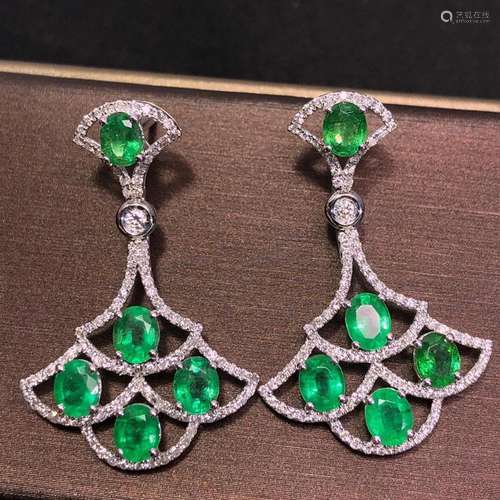 14K WHITE GOLD 4.31 CTW VIVID GREEN NATURAL EMERALD & DI...