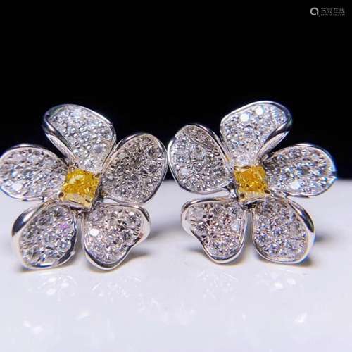 14K WHITE GOLD 0.81 CTW YELLOW DIAMOND & DIAMOND EARRING...