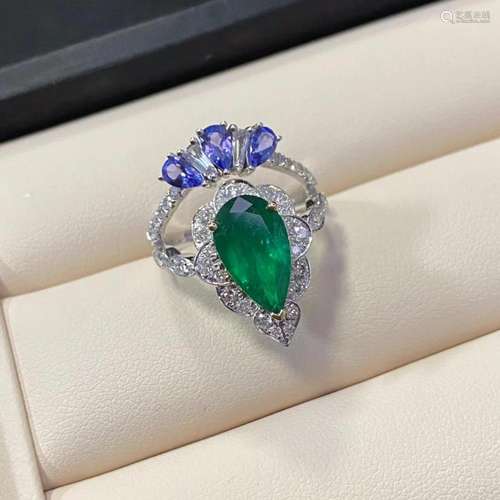 14K White Gold 3.18 CTW Emerald & Diamond Ring